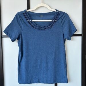 [S] Cleo Women’s Blue Short Sleeve Shirt w/ Decorative Collar Petite Fit